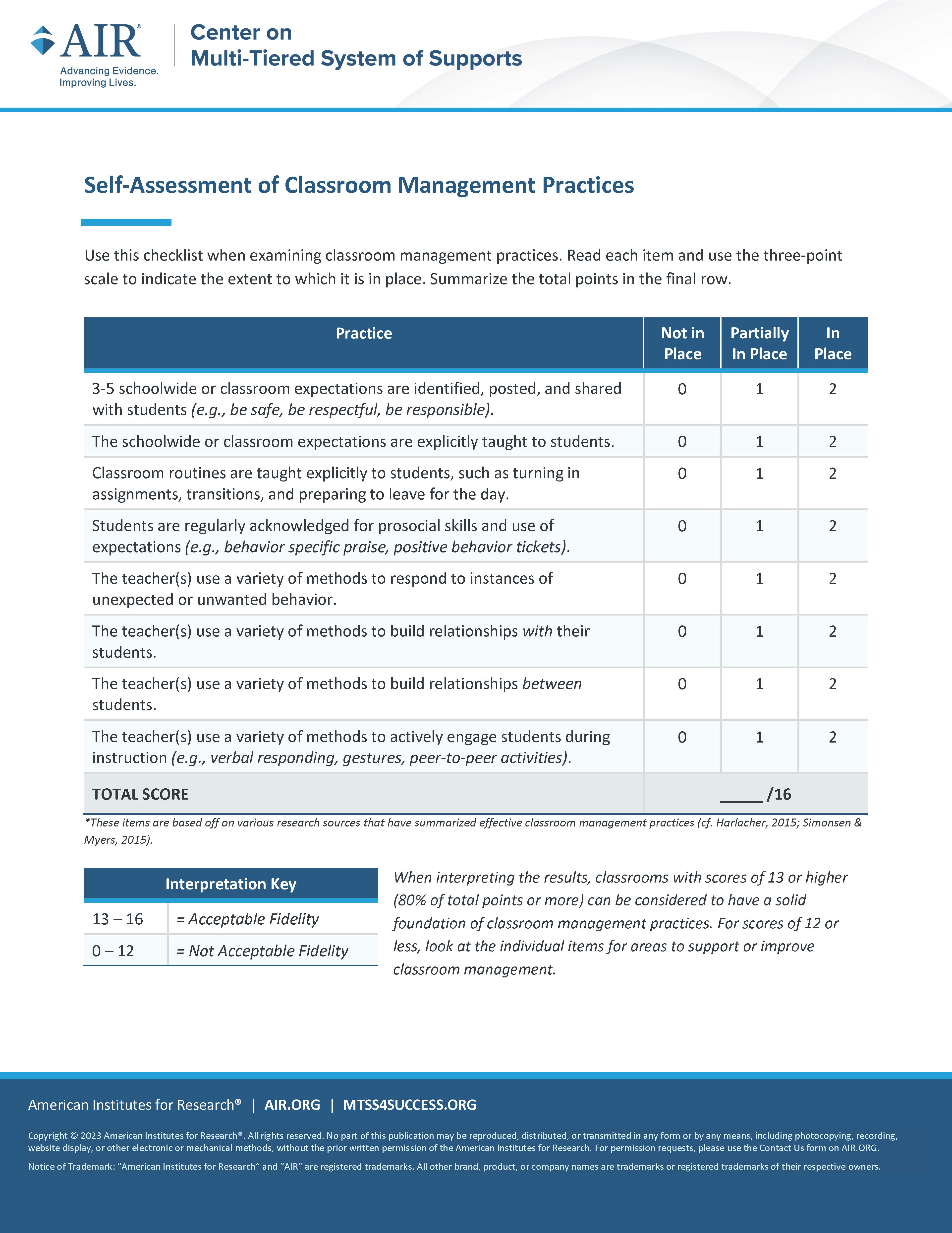 Classroom Management Self-Assessment