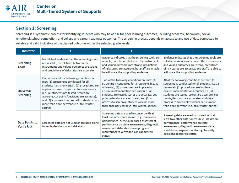 Screening page of MTSS rubric
