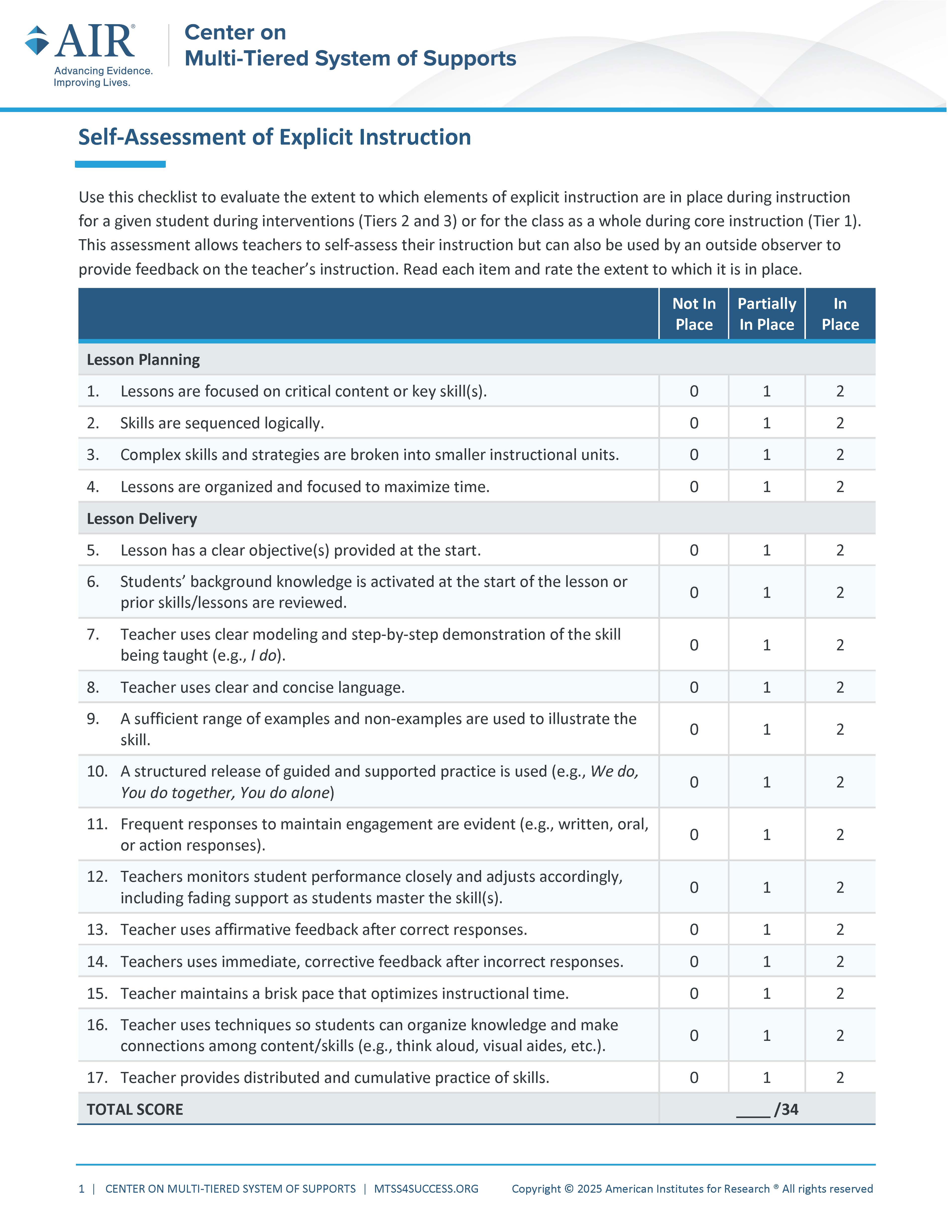 Explicit Instruction Checklist