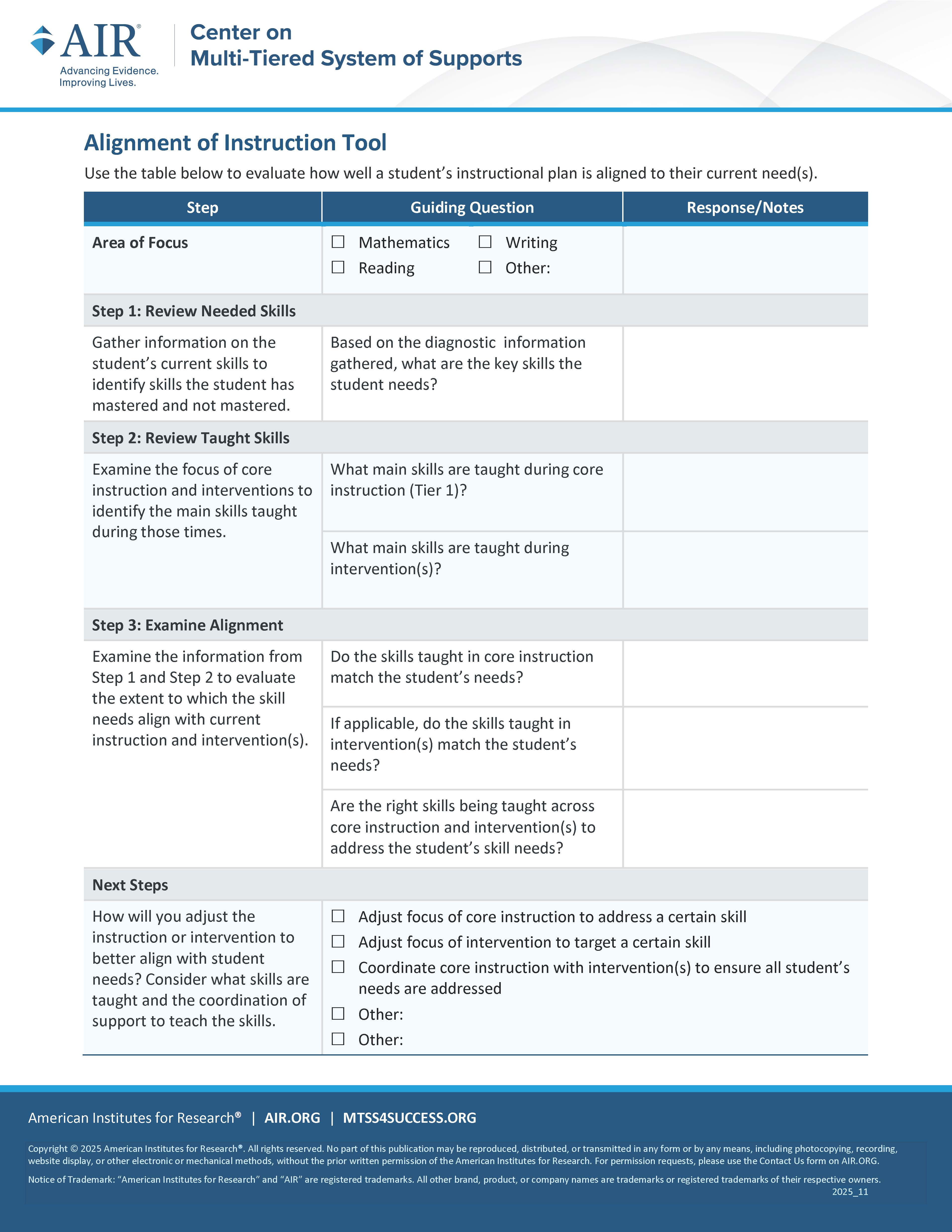 page 2 of the alignment to instructional need tool
