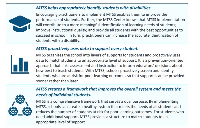 table saying how MTSS helps appropriately identify students with disabilities., MTSS proactively uses data to support every student, and MTSS creates a framework that improves the overall system and meets the needs of individual students.. 